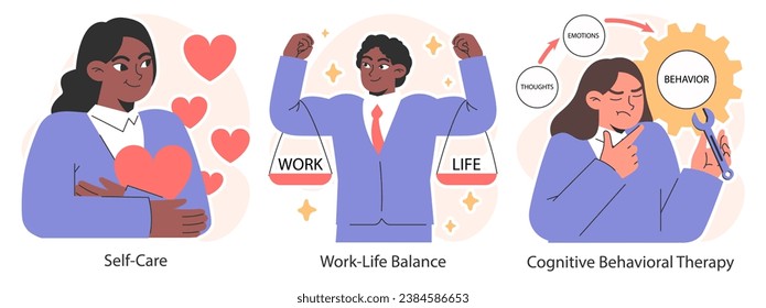 Stress management set. Diverse office characters work burnout. Employee work-life balance, relaxation techniques and self-care. Emotional intelligence and mindfulness. Flat vector illustration.
