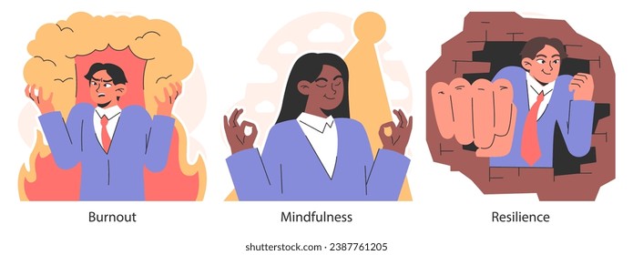 Stress management set. Diverse office characters work burnout. Employee work-life balance, relaxation techniques and self-care. Emotional intelligence and mindfulness. Flat vector illustration.