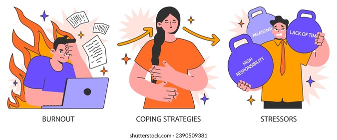 Stress management set. Diverse office characters work burnout. Employee work-life balance, relaxation techniques and self-care. Emotional intelligence and mindfulness. Flat vector illustration.