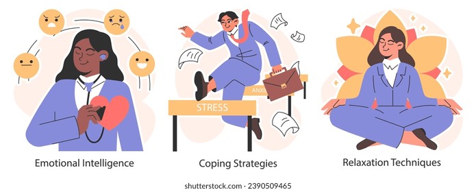 Conjunto de administración de estrés. Hay varios personajes de la oficina que funcionan. Equilibrio trabajo-vida laboral, técnicas de relajación y autocuidado. Inteligencia emocional y atención. Ilustración vectorial plana.