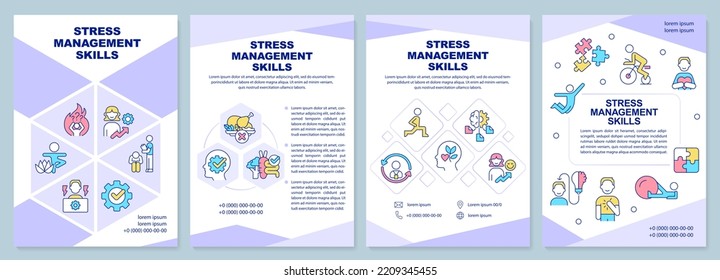 Stress Management Skills Purple Brochure Template. Healthcare. Leaflet Design With Linear Icons. Editable 4 Vector Layouts For Presentation, Annual Reports. Arial-Black, Myriad Pro-Regular Fonts Used