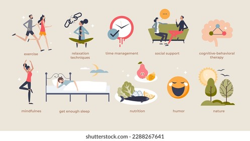 Stress management techniques and anxiety treatment tiny person collection set. List with elements for calm, happy and mindful lifestyle vector illustration. Relaxation, exercise and social support.