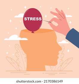 Stress management. Therapist hand burst stress balloon with needle. Meditation or relaxation to reduce anger and negative emotions. Solving psychological problems. Cartoon flat vector illustration