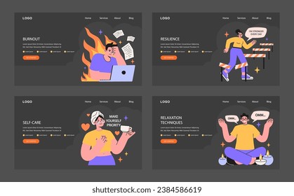 Stress management web banner or landing page night or dark mode set. Diverse office character, employee work-life balance, relaxation techniques. EQ and mindfulness. Flat vector illustration.