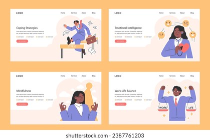 Banner web de administración de estrés o página de inicio. Grabación de varios personajes de la oficina. Equilibrio trabajo-vida laboral, técnicas de relajación y autocuidado. EQ y atención. Ilustración vectorial plana.