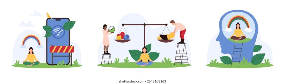 Stress management for wellbeing, life work balance set. Tiny people choose zen meditation on rainbow and freedom of digital detox, weigh career and heart icons on scales cartoon vector illustration