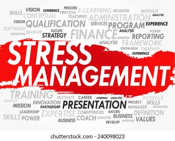 Stress Management - wide spectrum of techniques and psychotherapies aimed at controlling a person's level of stress, word cloud concept background