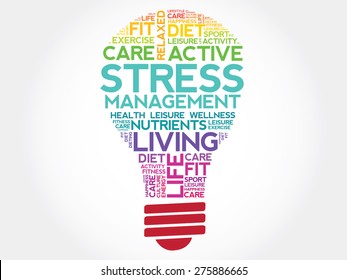 Stress Management - wide spectrum of techniques and psychotherapies aimed at controlling a person's level of stress, light bulb word cloud concept background