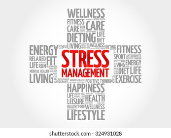 Stress Management word cloud, health cross concept
