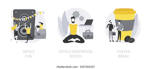 Stress Management At Work Abstract Concept Vector Illustration Set. Office Fun, Meditation Booth, Coffee Break, Employee Wellbeing, Teambuilding Activity, Relax Room, Yoga Break Abstract Metaphor.