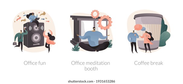 Stress Management At Work Abstract Concept Vector Illustration Set. Office Fun, Meditation Booth, Coffee Break, Employee Wellbeing, Teambuilding Activity, Relax Room, Yoga Break Abstract Metaphor.