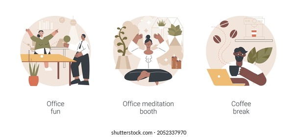 Stress Management At Work Abstract Concept Vector Illustration Set. Office Fun, Meditation Booth, Coffee Break, Employee Wellbeing, Teambuilding Activity, Relax Room, Yoga Break Abstract Metaphor.