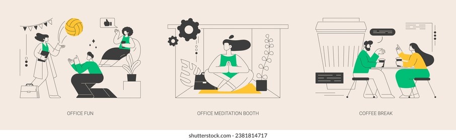 Conjunto de ilustraciones vectoriales de concepto abstracto de manejo de estrés en el trabajo. Diversión en la oficina, cabina de meditación, pausa para el café, bienestar de los empleados, actividades de construcción en equipo, sala de relajación, yoga break metáfora abstracta.