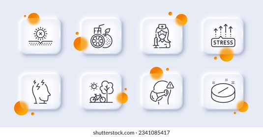 Stress, Medical mask and Stress grows line icons pack. 3d glass buttons with blurred circles. Vaccination, Bicycle, No sun web icon. Medical tablet, Orange juice pictogram. Vector