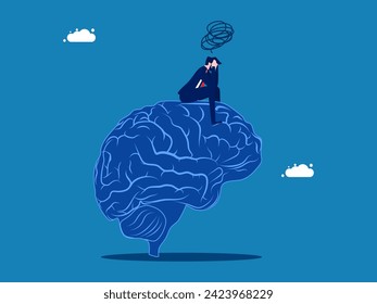 Stress, mental deterioration. Businessman sitting sadly on human brain 