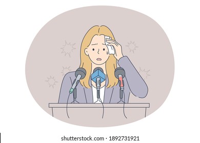 Stress, mental disorder, fear of public speaking concept. Young frustrated stressed woman speaker standing on tribune swiping sweat with napkin feeling afraid scared terrified with public presenting 