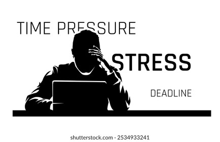Stress and mental health, deadline at work, tired man rests his head while working on his laptop. Abstract vector illustration