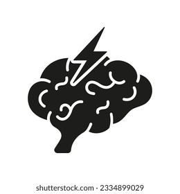 Stress, Mental Problem Silhouette Icon. Migraine, Cephalalgia, Depression Glyph Pictogram. Human Brain with Lightning Headache Solid Sign. Anxiety and Tension Symbol. Isolated Vector Illustration.