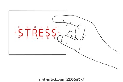 STRESS. Message of negative emotion on paper sticker. Editable hand drawn contour. Sketch in minimalist style. Vector