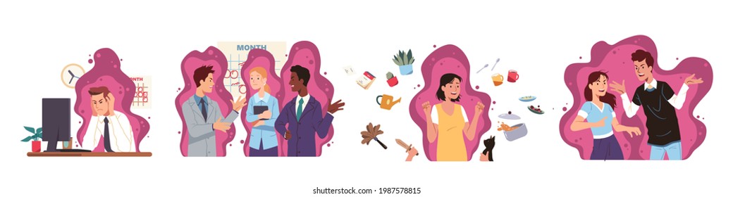 Stress Negative Emotions Manifestation Set. Work, Office, Home, Relationship Problem, Conflict. Angry People Fight, Argue, Quarrel. Stressed Couple, Team, Person Concept Character Vector Illustration