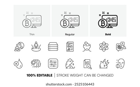 Iconos de línea de servidores, sin estrés ni impermeabilidad. Paquete de sistema Bitcoin, núcleo Atom, icono de inspección. Tratamiento de la depresión, energía de fuego, pictograma Filtrar. Realidad aumentada, documento del informe. Vector