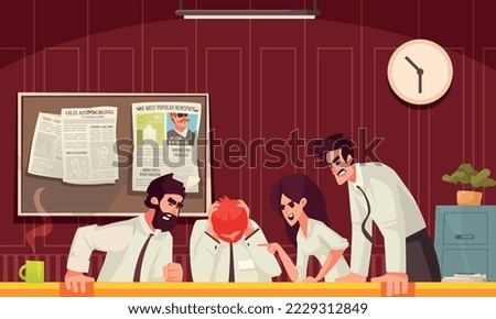 Stress office cartoon concept with exhausted man and collegues arguing vector illustration