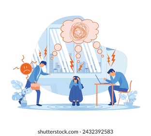 Stress in Office concept. Showing a group of people having stress moment chasing deadline, Suitable for landing page. flat vector modern illustration 