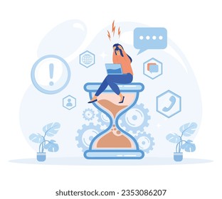 Stress in the office. Fast work, Tired and exasperated business woman is sitting on an hourglass and clutching her head with business process icons. flat vector modern illustration  