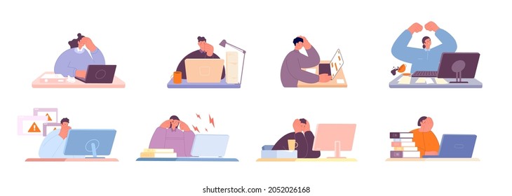 Stress office people. Tired woman, burnout and fatigue. Sleepy manager at computer. Negative emotion, work crisis or exhausted utter vector set