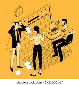 Stress in the office. Rush work. Deadline flat design isometric vector concept. Workflow organization. Time management, effective time spending, time planning illustration.