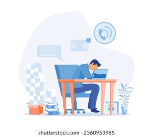  Stress in the office. Tired and agitated office worker clutching his head among piles of papers and documents. flat vector modern illustration  