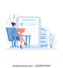 Stress in the office, Tired young woman working on her laptop among piles of papers and documents.  flat vector modern illustration 