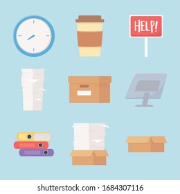 Stressbüros Arbeit Uhr Kaffeebecher Papiertaschentuch Computer Bindemittel Symbole Vektorillustration Illustration