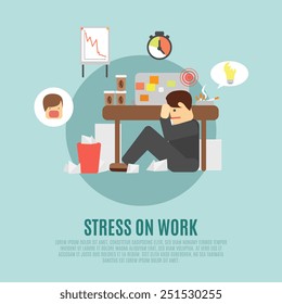 Stress on work flat icon with overworking employee  man cartoon character fearing angry boss abstract vector illustration
