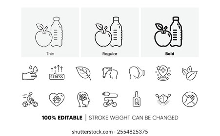 Stress, Organic product and Leaf line icons. Pack of Electronic thermometer, Stress grows, Pets care icon. Rubber gloves, Dont touch, Hospital pictogram. Face id, Healthy food, Electric bike. Vector