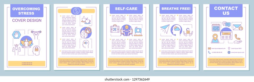 Stress overcoming brochure template layout. Emotions control. Flyer, booklet, leaflet print design with linear illustrations. Mental health. Vector page layouts for magazines, annual reports, posters