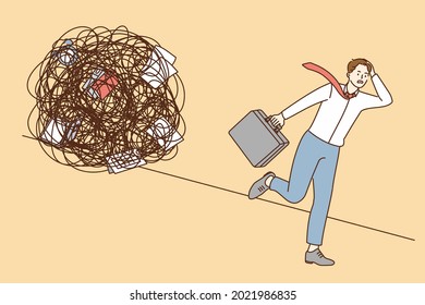 Stress, overload, burnout at work concept. Young stressed businessman worker cartoon character running away from messy chaotic circle of duties vector illustration 