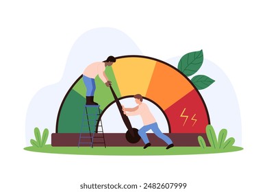 Stress overload, depression, anxiety and anger problem control. Tiny people manage arrow of stress level meter to reduce tension and pressure of pain, negative emotion cartoon vector illustration