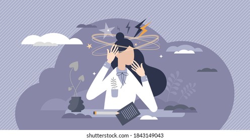 Stress Overload Female As Frustration And Tension Emotion Tiny Person Concept. Psychological Feeling With Dizzy Head From Too Much Intense Work Duties Vector Illustration. Breakdown In Workplace Scene