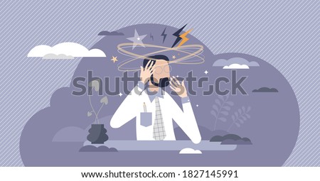 Stress overload with headache pressure and mental tension tiny person concept. Feeling anxiety and emotional frustration vector illustration. Multitasking panic caused burnout and depression crisis.