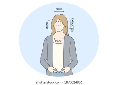 Stress, overwork, breathe concept. Young woman with eyes closed feeling stress and breading in four stages for inhale, pause, exhalation and pause again for relaxation and feeling better 