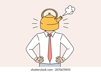 Stress and overwork exhaustion concept. Businessman body with boiling kettle instead of head meaning stress and rage vector illustration 