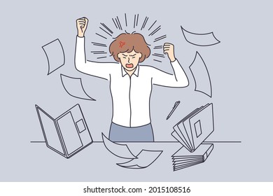 Stress and overwork at office concept. Young furious stressed business man feeling negative with deadlines heap of work in office exhausted vector illustration 