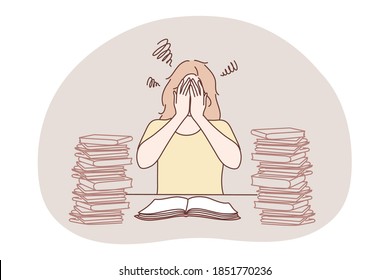 Stress, overwork, overload, burnout concept. Young unhappy frustrated woman cartoon character sitting with heap of books or working documents, covering face with hands and feeling stress tiredness 