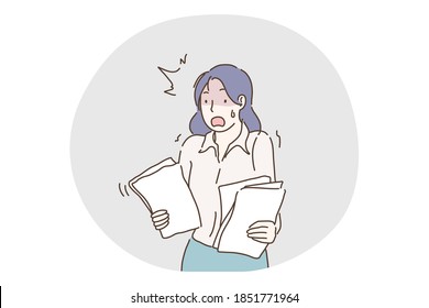 Stress, overwork, overload, burnout, deadline, exhaustion concept. Young unhappy frustrated woman office worker cartoon character standing with heap working documents and feeling stress and tiredness 