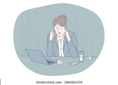 Stress, overwork, overload concept. Unhappy depressed stressed young woman office worker sitting with laptop touching head and feeling stressed and tired in office. Exhaustion, depression vector 