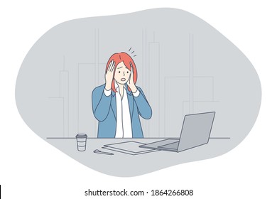 Stress, overwork, overload concept. Unhappy depressed stressed young woman office worker sitting with laptop with much work and feeling stressed and tired in office. Exhaustion, depression vector 