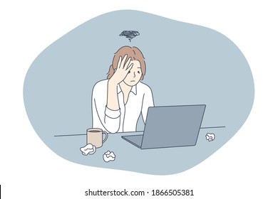 Stress, Overwork, Overload Concept. Unhappy Depressed Stressed Young Woman Office Worker Sitting With Many Notes And Laptop And Feeling Stressed And Tired In Office. Exhaustion, Depression Vector