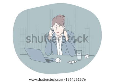 Stress, overwork, overload concept. Unhappy depressed stressed young woman office worker sitting with laptop touching head and feeling stressed and tired in office. Exhaustion, depression vector 