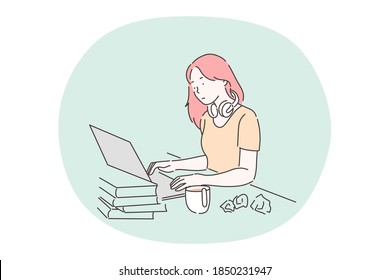 Stress, overwork, working burnout concept. Unhappy tired stressed frustrated woman cartoon character sitting at table and working with laptop feeling exhausted and overworked vector illustration